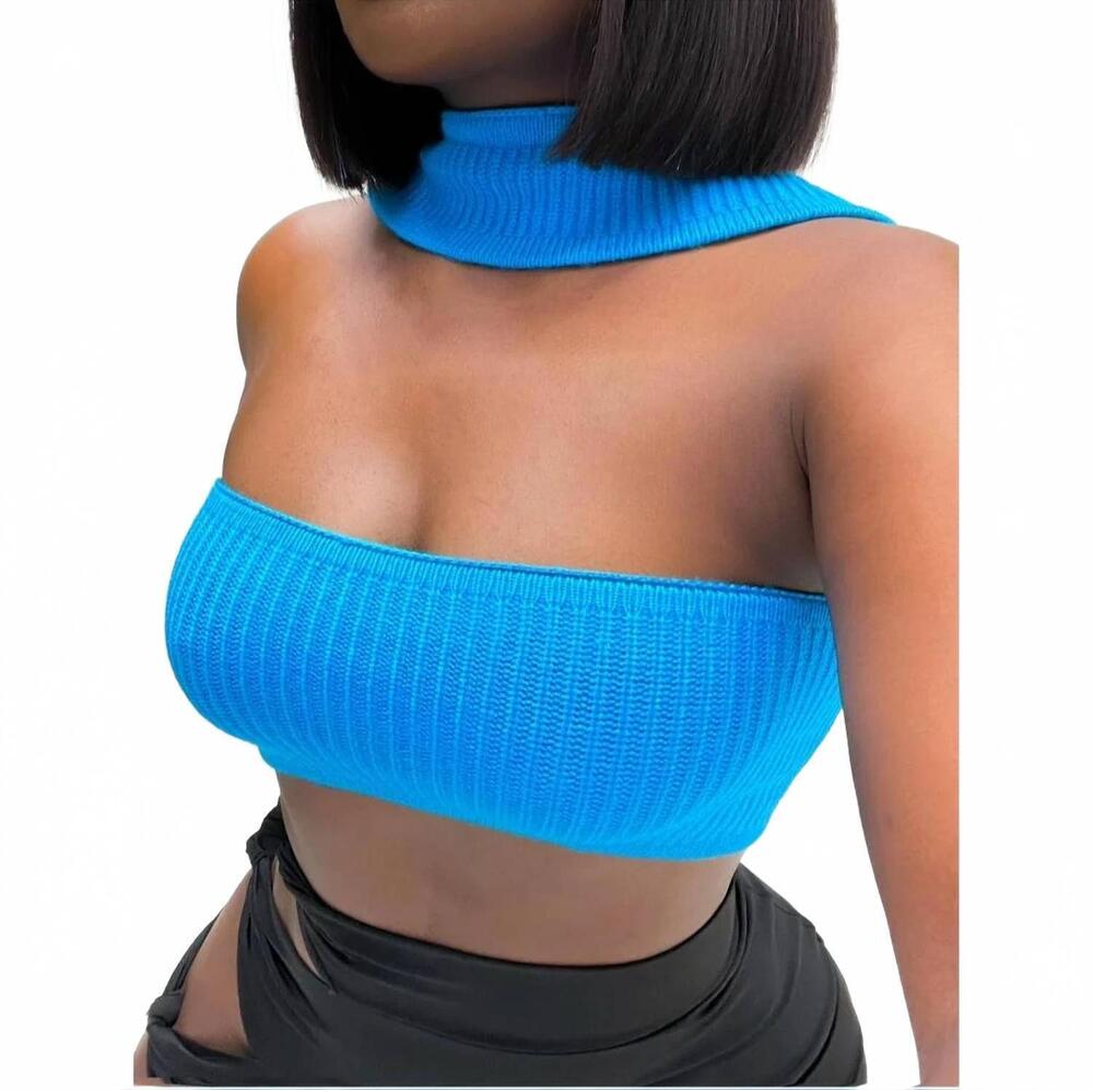 NEW HERA jade cut out halter sweater top in blue